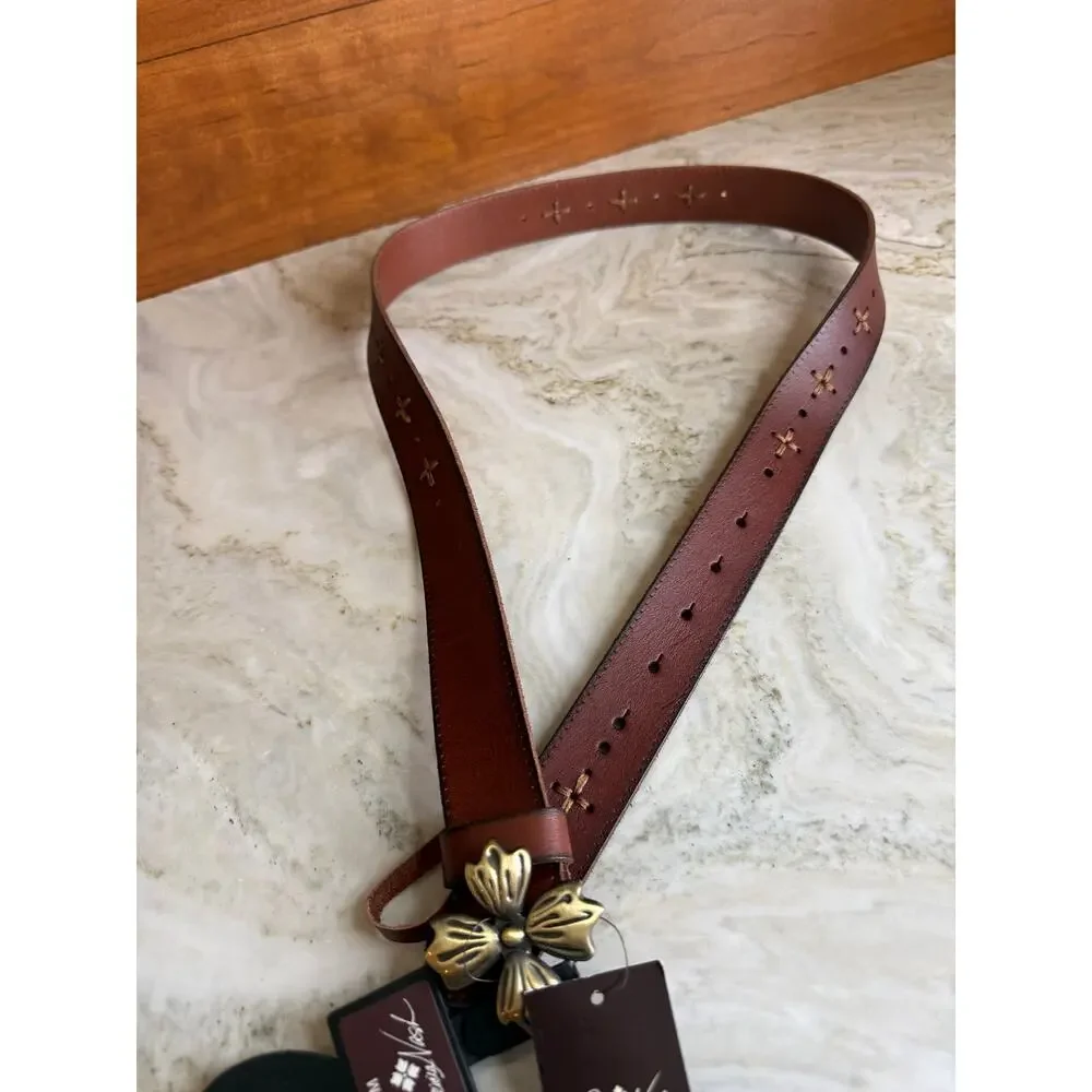 Patricia Nash Astrid Floret Brass Buckle Stitched Belt Brown M